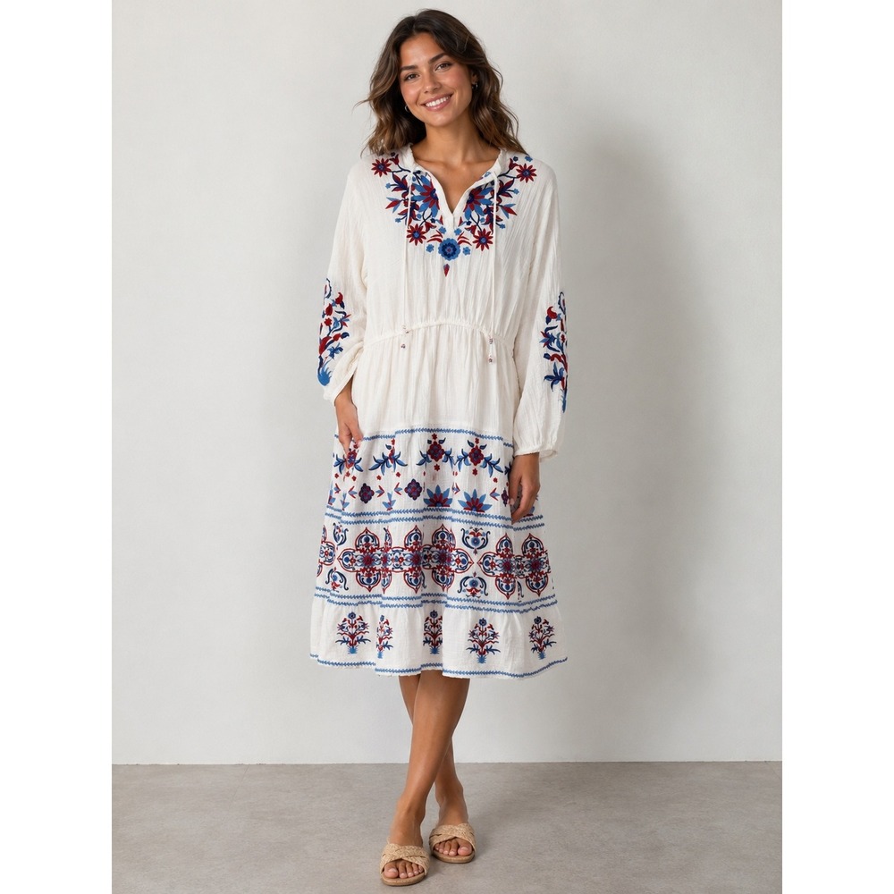 Soft Surroundings White Cotton Gauze Embroidered Midi Dress Boho Beaded PM
